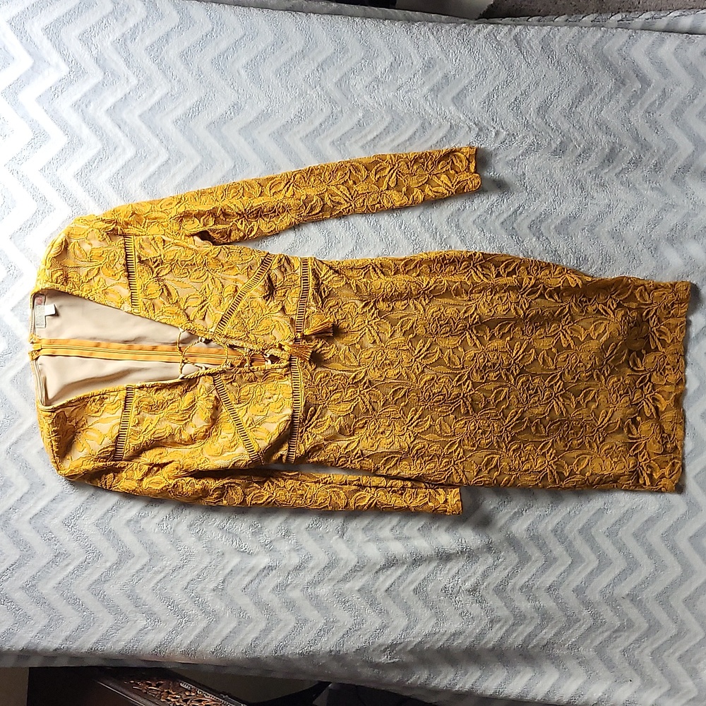 Gianni Bini long sleeve, lace see through yellow gold cotton dress